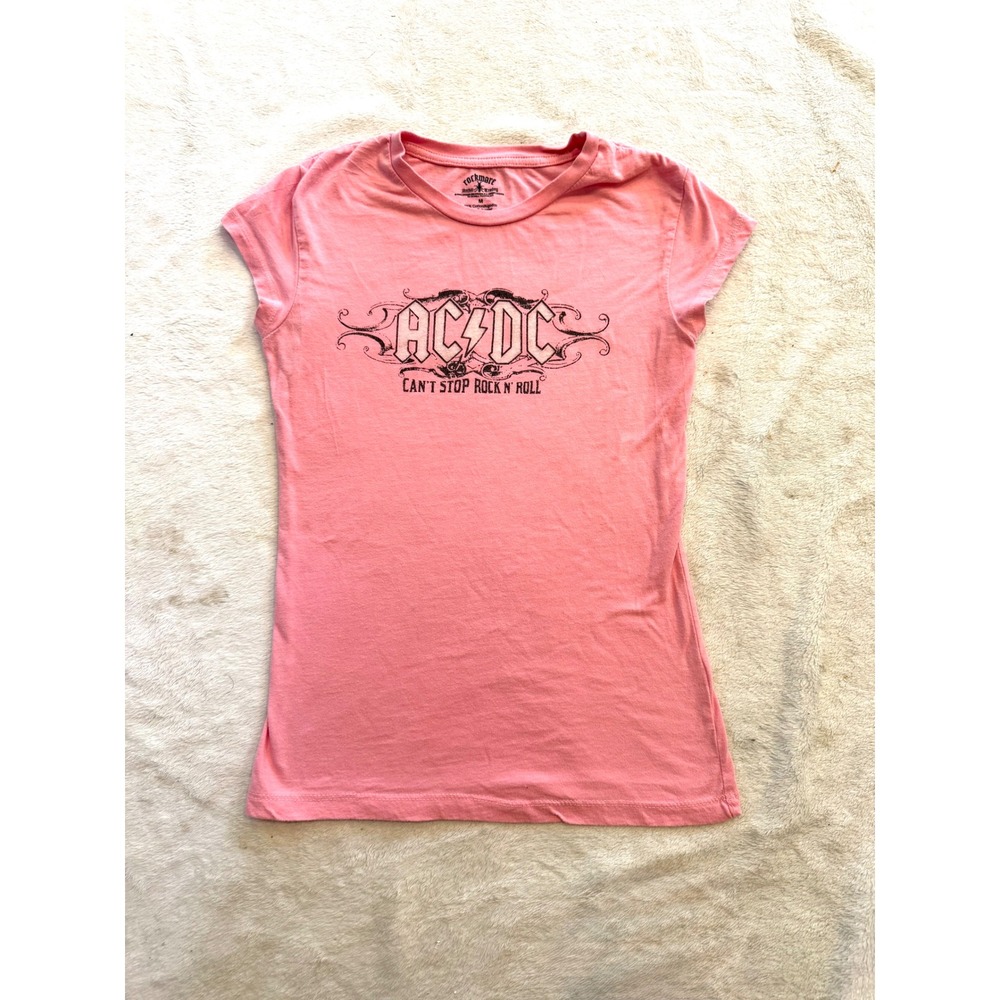 Rockware AC/DC Pink Graphic Tee Cant Stop Rock N Roll Womens Medium M Tee
